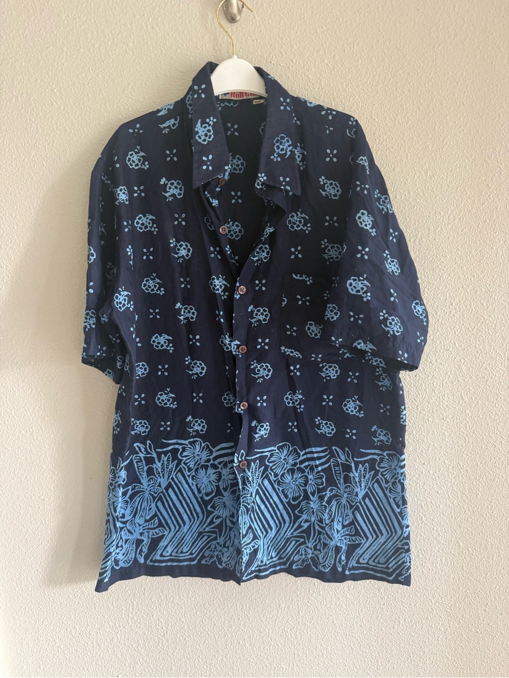 Navy Blue Short-Sleeve Shirt Jacket with Sky Blue Floral Print